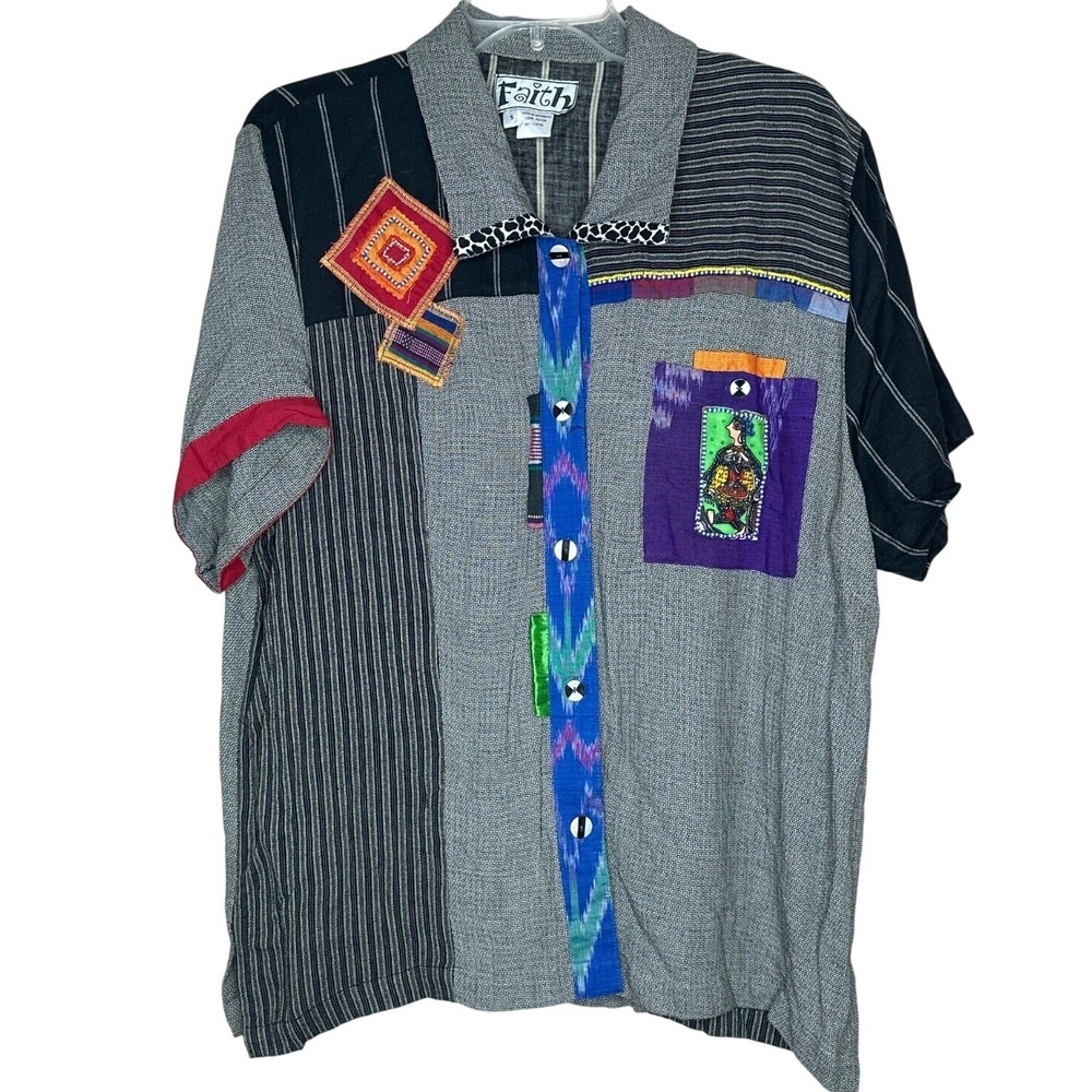 Faith Vintage Patchwork Rayon Button Down Shirt S Beaded Embroidered boho 90s